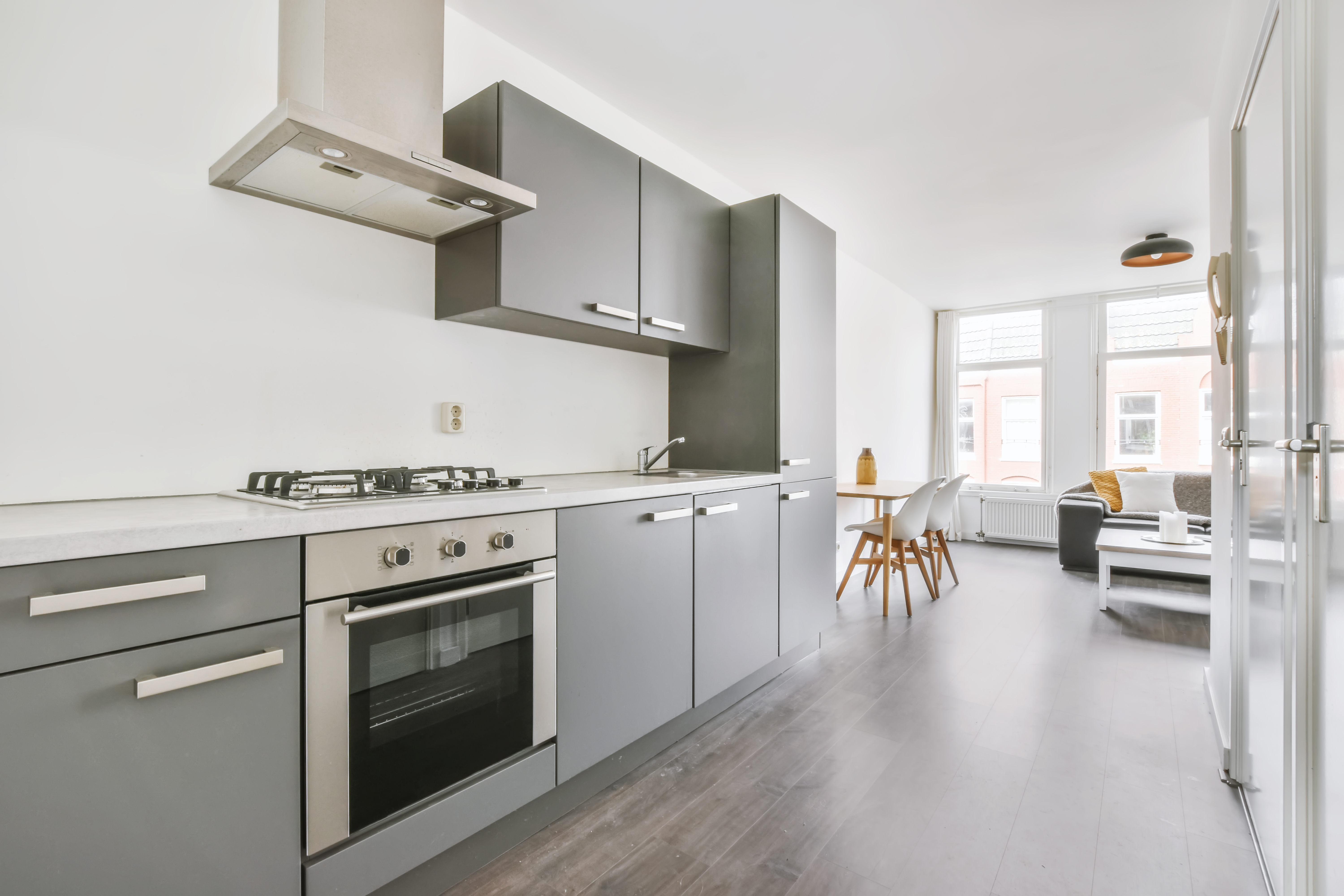 Kitchen with gray kitchen unit